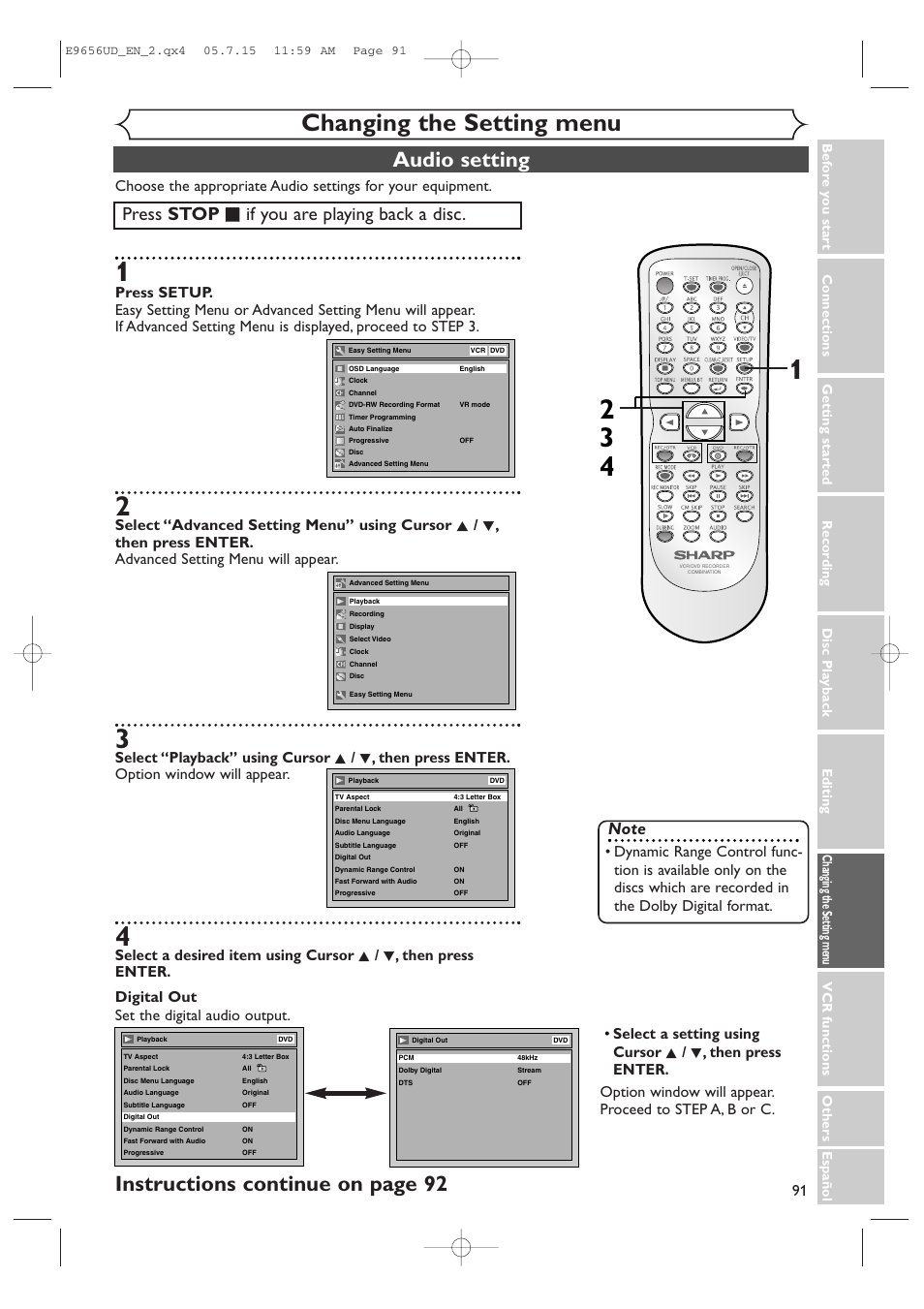 Changing the setting menu, Audio setting, Instructions continue on page 92 | Press stop c c if you are playing back a disc | Sharp DV-RW550U User Manual | Page 91 / 112