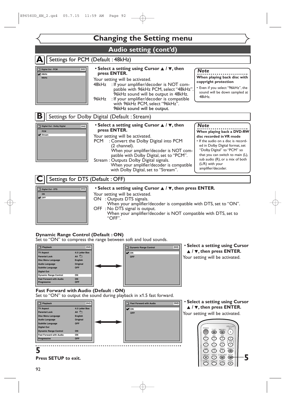 Changing the setting menu, Audio setting (cont’d), Settings for dolby digital (default : stream) | Settings for pcm (default : 48khz), Settings for dts (default : off), Press setup to exit | Sharp DV-RW550U User Manual | Page 92 / 112