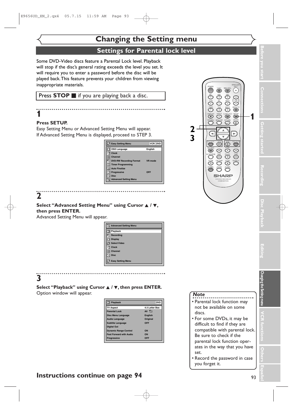 Changing the setting menu, Settings for parental lock level, Instructions continue on page 94 | Press stop c c if you are playing back a disc | Sharp DV-RW550U User Manual | Page 93 / 112