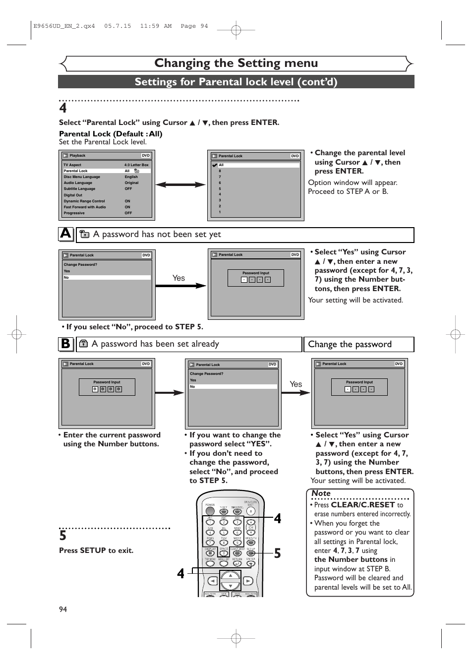 Changing the setting menu, Settings for parental lock level (cont’d), A password has been set already | Change the password, A password has not been set yet, Press setup to exit, If you select “no”, proceed to step 5. yes yes | Sharp DV-RW550U User Manual | Page 94 / 112