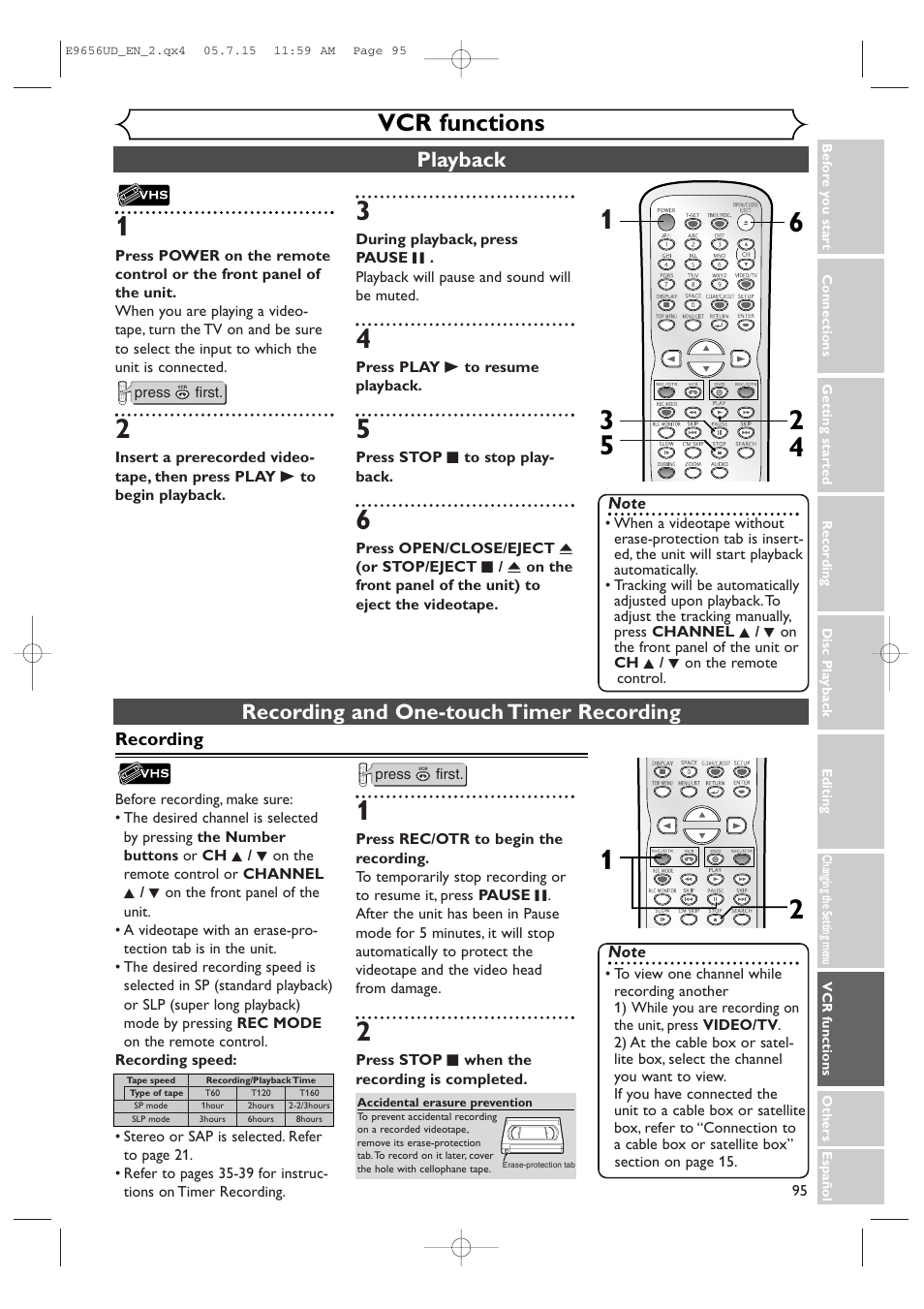 Vcr functions, Playback, Recording and one-touch timer recording | Sharp DV-RW550U User Manual | Page 95 / 112