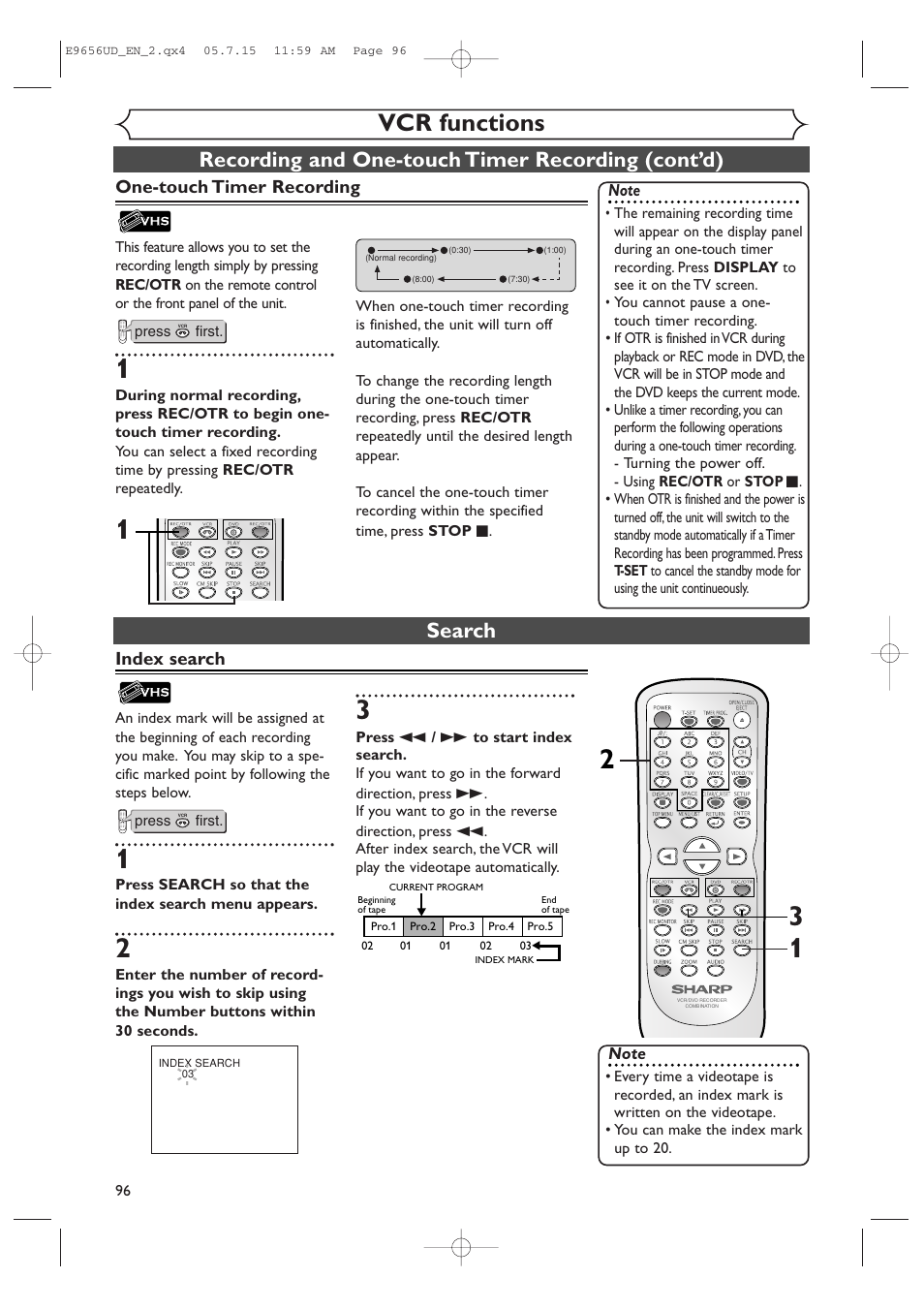 Vcr functions, Recording and one-touch timer recording (cont’d), Search | One-touch timer recording, Index search | Sharp DV-RW550U User Manual | Page 96 / 112