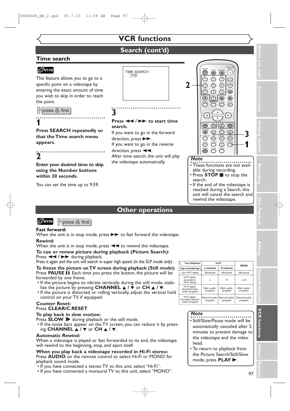 Vcr functions, Other operations, Search (cont’d) | Time search | Sharp DV-RW550U User Manual | Page 97 / 112