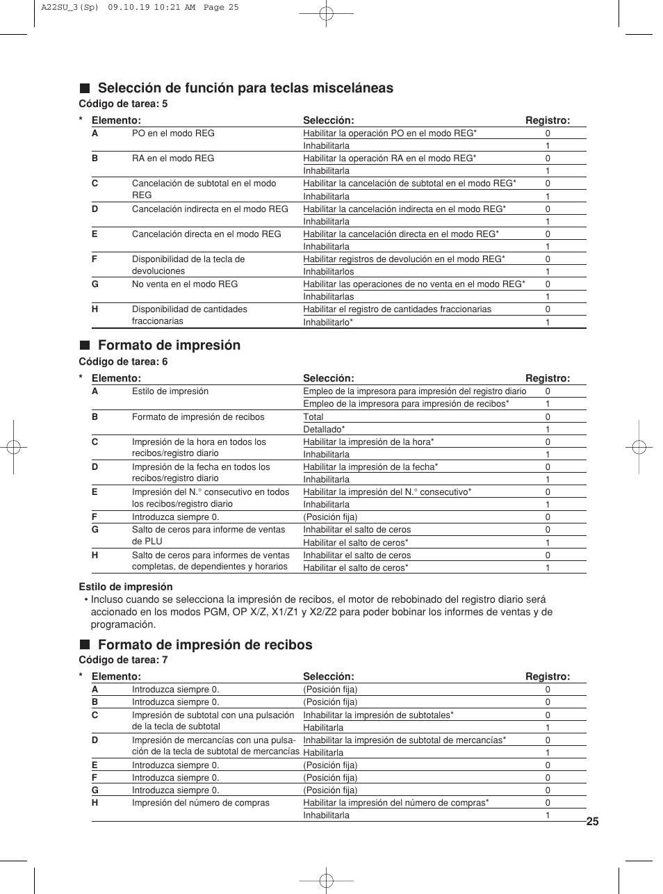 Selección de función para teclas misceláneas, Formato de impresión, Formato de impresión de recibos | Sharp TINSZ2601RCZZ User Manual | Page 103 / 120