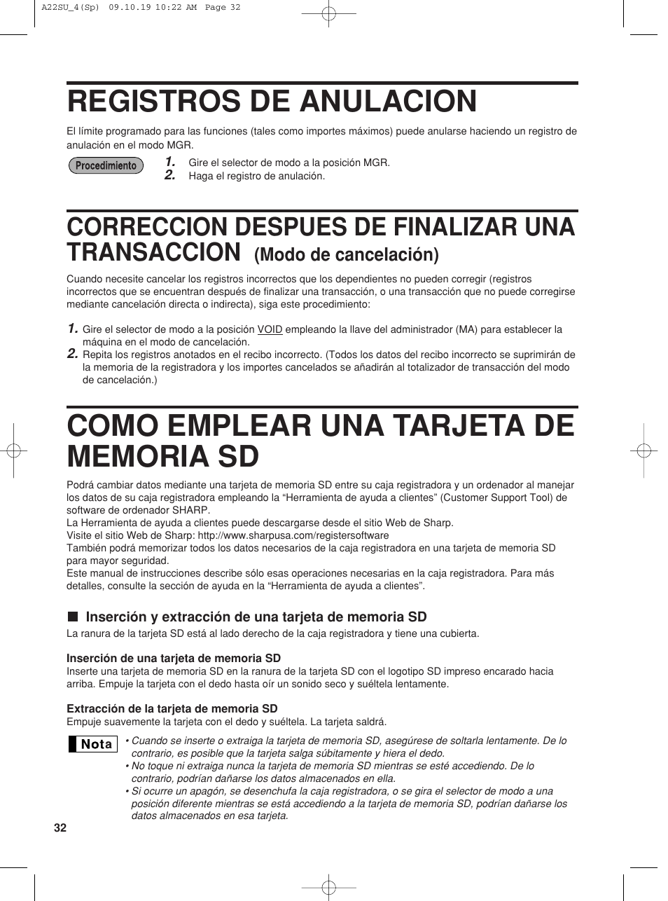 Registros de anulacion, Correccion despues de finalizar una transaccion, Modo de cancelación) | Sharp TINSZ2601RCZZ User Manual | Page 110 / 120