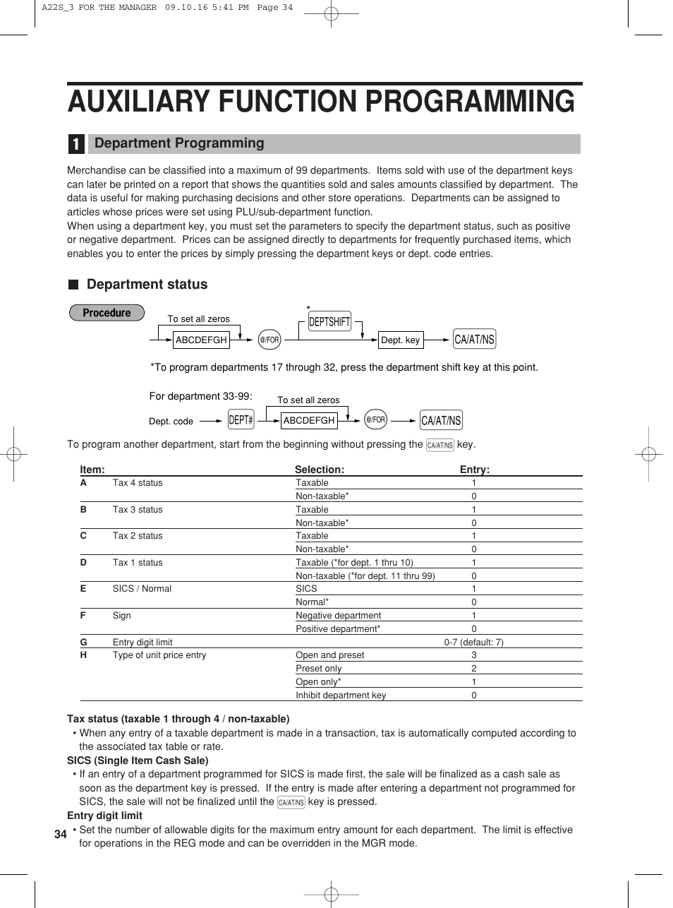 Auxiliary function programming, Department status, Department programming | Sharp TINSZ2601RCZZ User Manual | Page 36 / 120