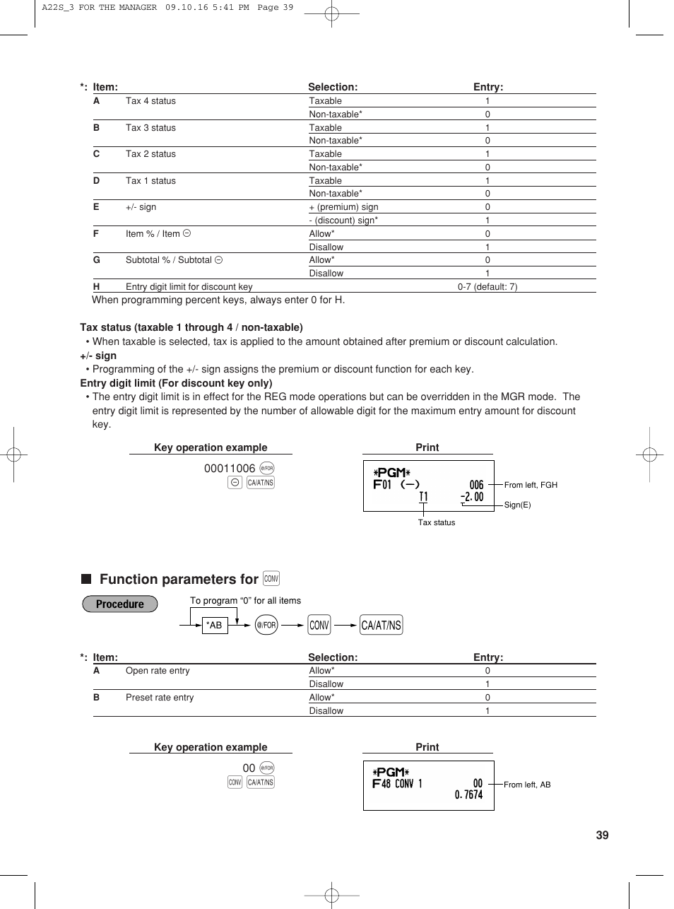 Function parameters for | Sharp TINSZ2601RCZZ User Manual | Page 41 / 120