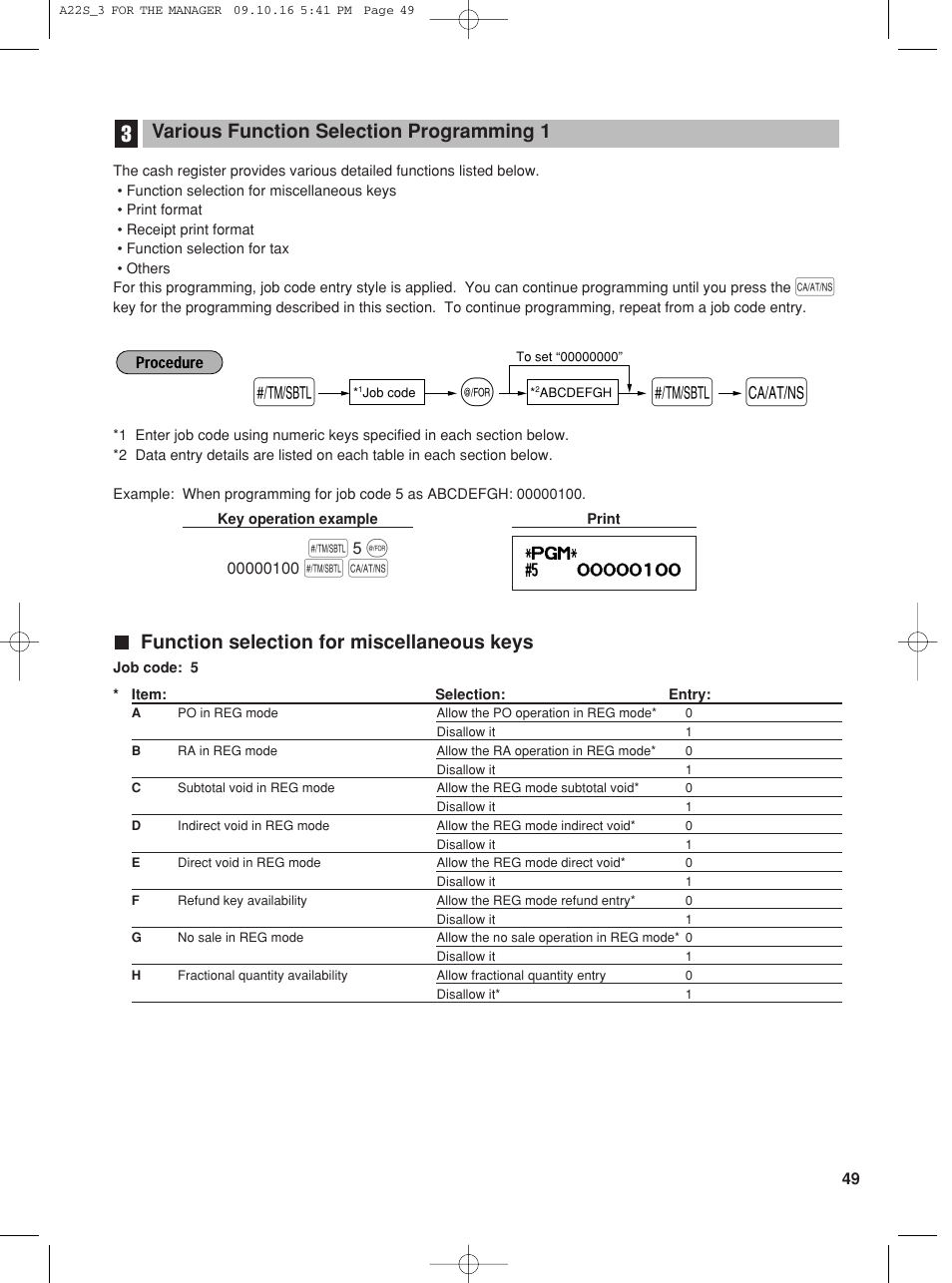 Function selection for miscellaneous keys, Various function selection programming 1 | Sharp TINSZ2601RCZZ User Manual | Page 51 / 120