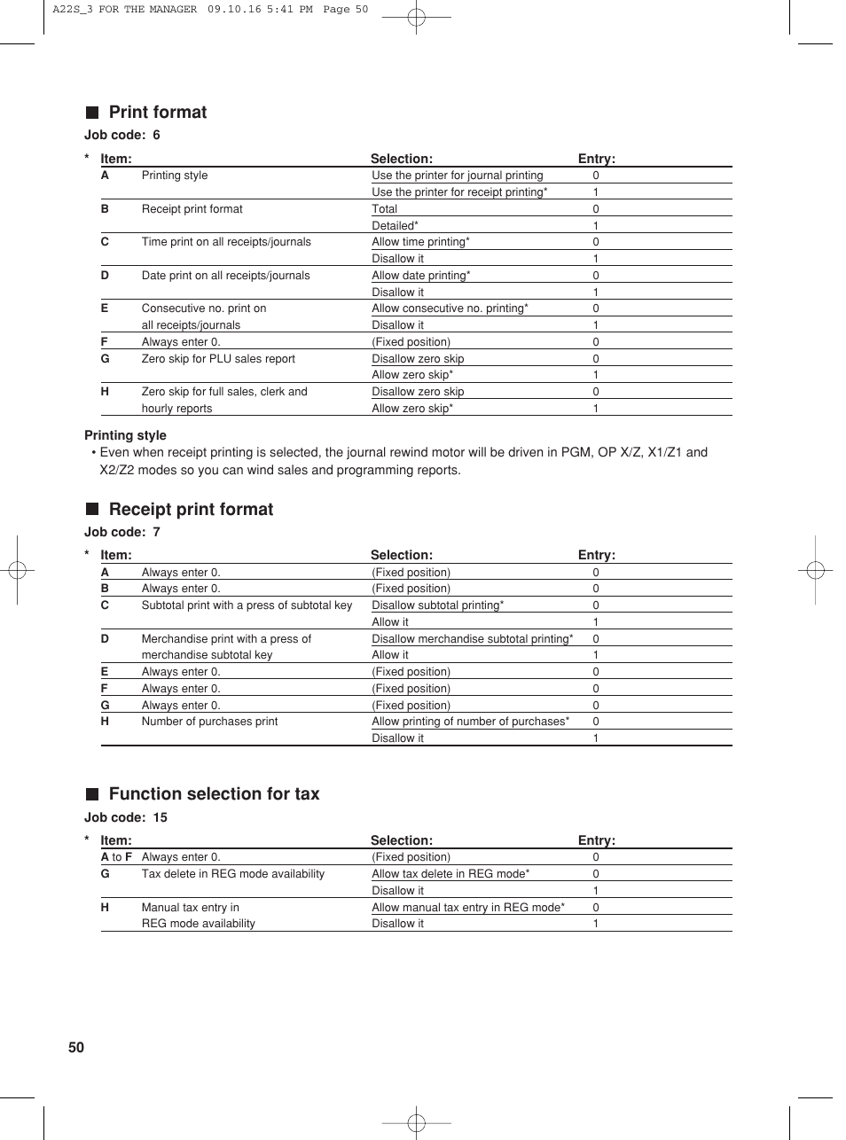 Print format, Receipt print format, Function selection for tax | Sharp TINSZ2601RCZZ User Manual | Page 52 / 120