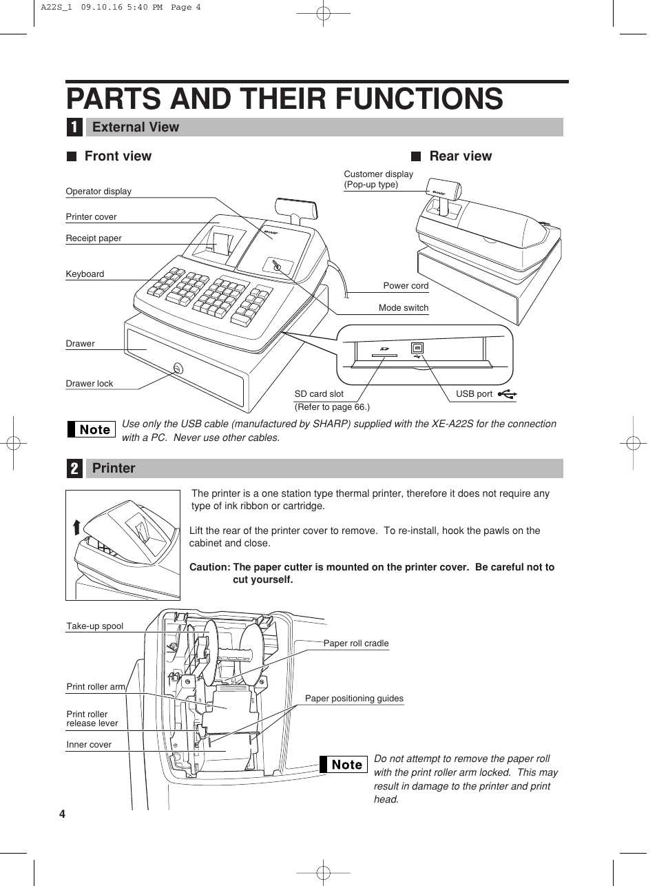 Parts and their functions, Front view rear view external view, Printer | Sharp TINSZ2601RCZZ User Manual | Page 6 / 120