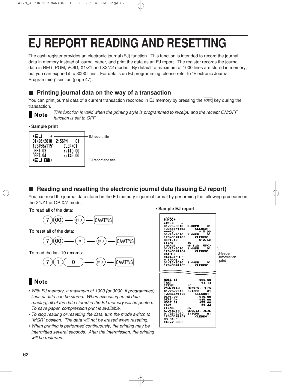 Ej report reading and resetting, A@ 710, A@ 7 | Sharp TINSZ2601RCZZ User Manual | Page 64 / 120