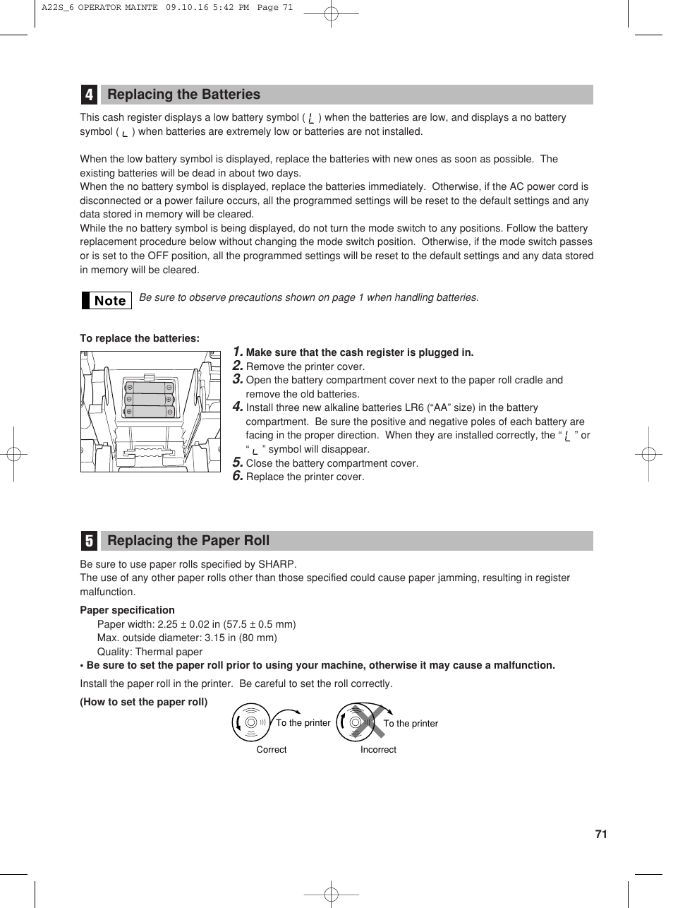 Replacing the paper roll, Replacing the batteries | Sharp TINSZ2601RCZZ User Manual | Page 73 / 120