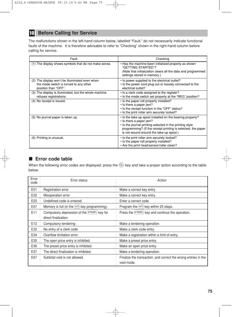 Error code table, Before calling for service | Sharp TINSZ2601RCZZ User Manual | Page 77 / 120