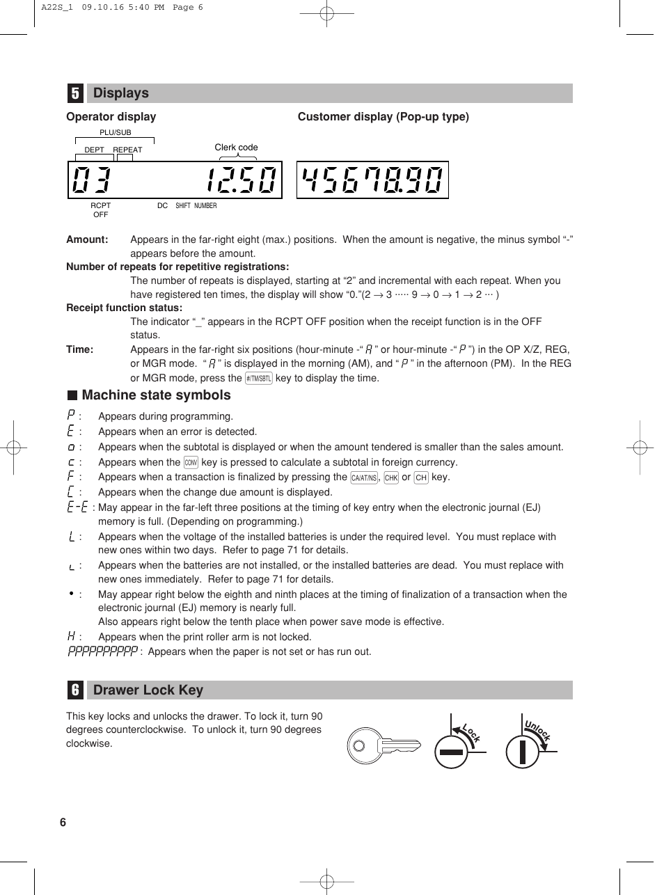 Drawer lock key, Machine state symbols, Displays | Sharp TINSZ2601RCZZ User Manual | Page 8 / 120