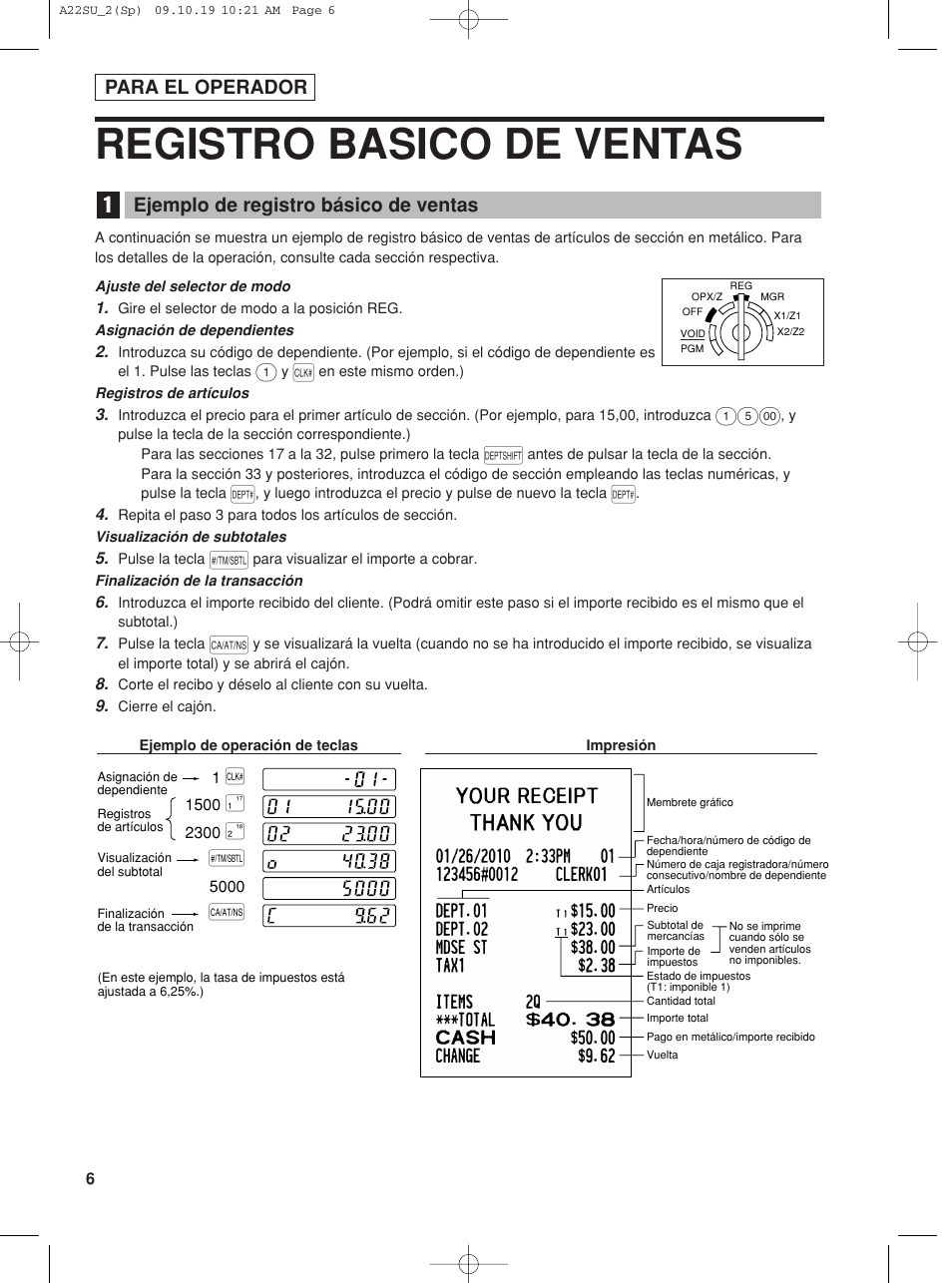 Registro basico de ventas, Para el operador, Ejemplo de registro básico de ventas | Sharp TINSZ2601RCZZ User Manual | Page 84 / 120