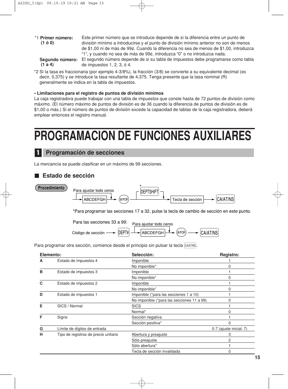 Programacion de funciones auxiliares, Estado de sección, Programación de secciones | Sharp TINSZ2601RCZZ User Manual | Page 93 / 120