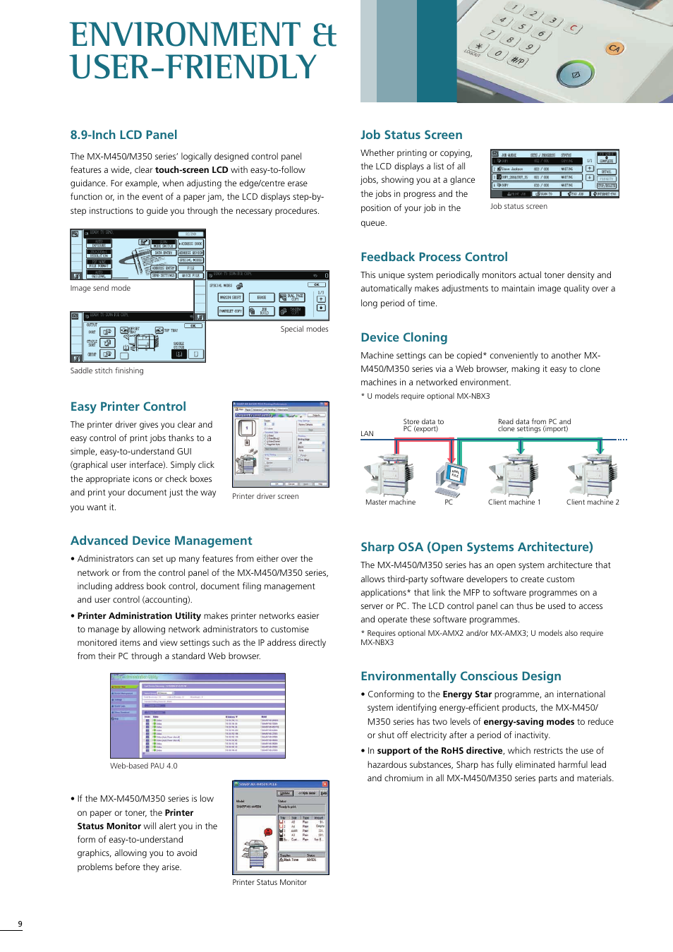 Environment & user-friendly, Inch lcd panel, Easy printer control | Advanced device management, Job status screen, Feedback process control, Device cloning, Sharp osa (open systems architecture), Environmentally conscious design | Sharp MX-M350-U User Manual | Page 10 / 12