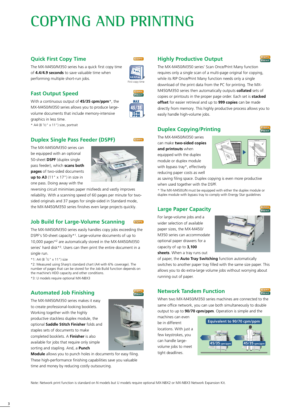 Copying and printing, Quick first copy time, Fast output speed | Duplex single pass feeder (dspf), Job build for large-volume scanning, Automated job finishing, Highly productive output, Duplex copying/printing, Large paper capacity, Network tandem function | Sharp MX-M350-U User Manual | Page 4 / 12