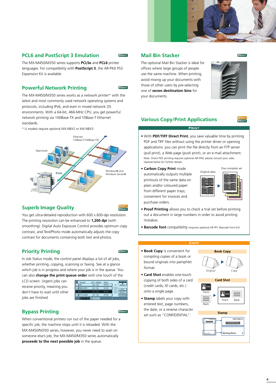 Pcl6 and postscript 3 emulation, Powerful network printing, Superb image quality | Priority printing, Bypass printing, Various copy/print applications, Mail bin stacker | Sharp MX-M350-U User Manual | Page 5 / 12