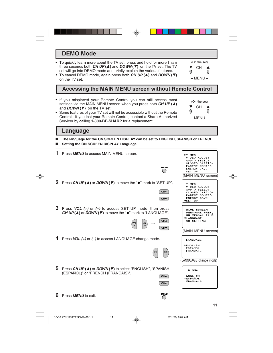 Language, Demo mode | Sharp 32N S400 User Manual | Page 11 / 48