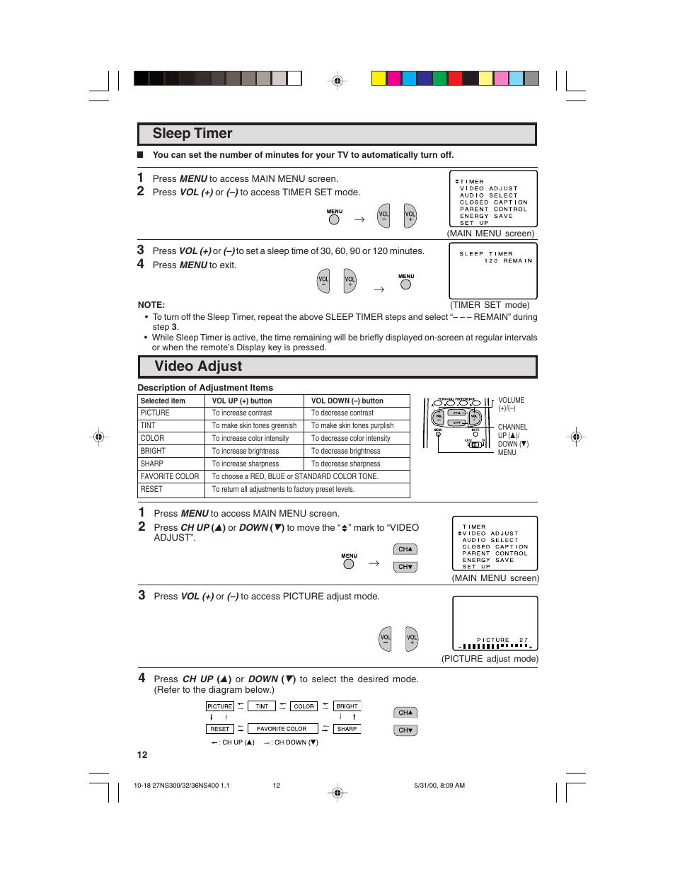 Video adjust, Sleep timer | Sharp 32N S400 User Manual | Page 12 / 48