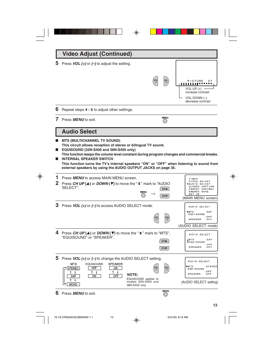 Audio select, Video adjust (continued) | Sharp 32N S400 User Manual | Page 13 / 48
