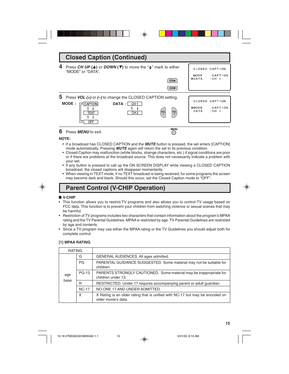 Closed caption (continued), Parent control (v-chip operation) | Sharp 32N S400 User Manual | Page 15 / 48