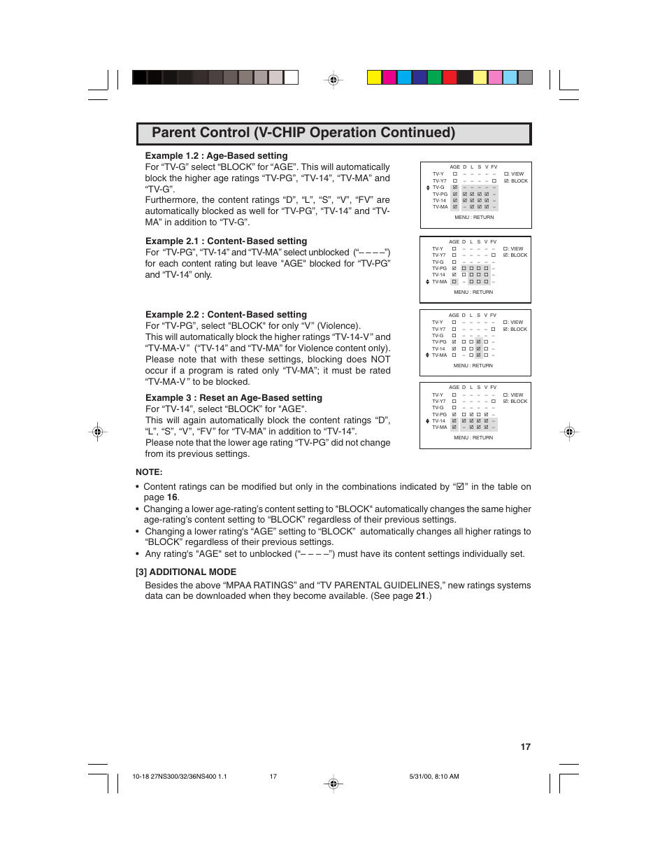 Parent control (v-chip operation continued) | Sharp 32N S400 User Manual | Page 17 / 48