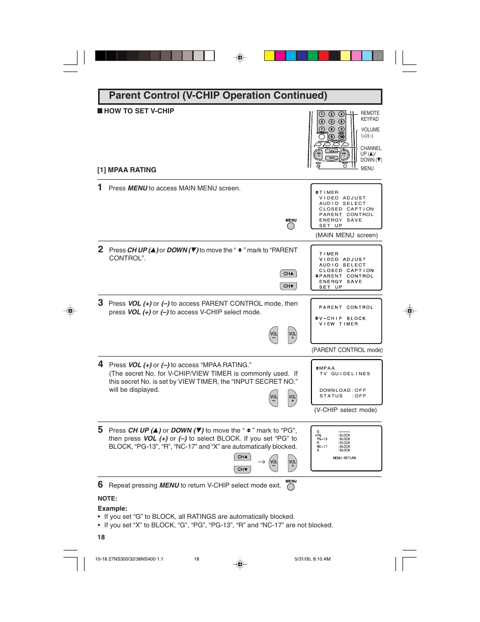 Parent control (v-chip operation continued) | Sharp 32N S400 User Manual | Page 18 / 48