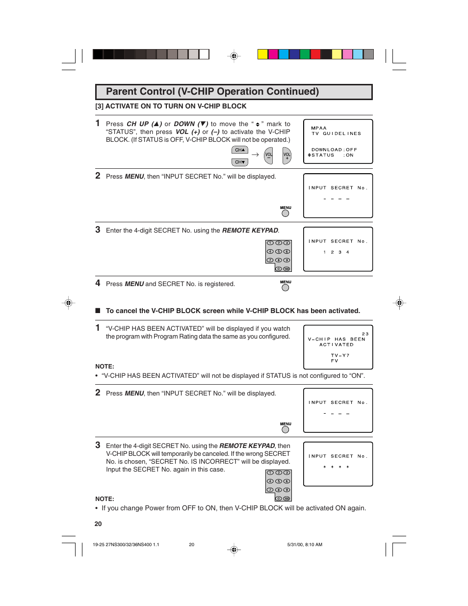Parent control (v-chip operation continued) | Sharp 32N S400 User Manual | Page 20 / 48