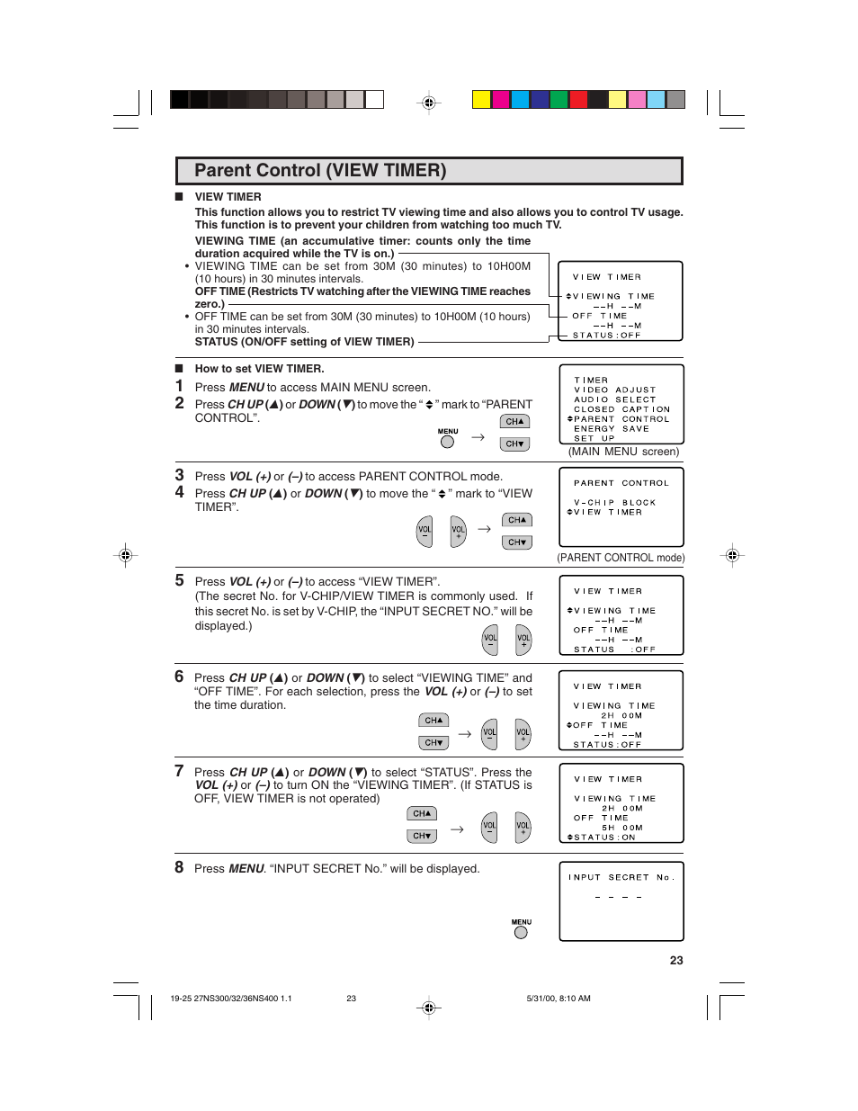 Parent control (view timer) | Sharp 32N S400 User Manual | Page 23 / 48