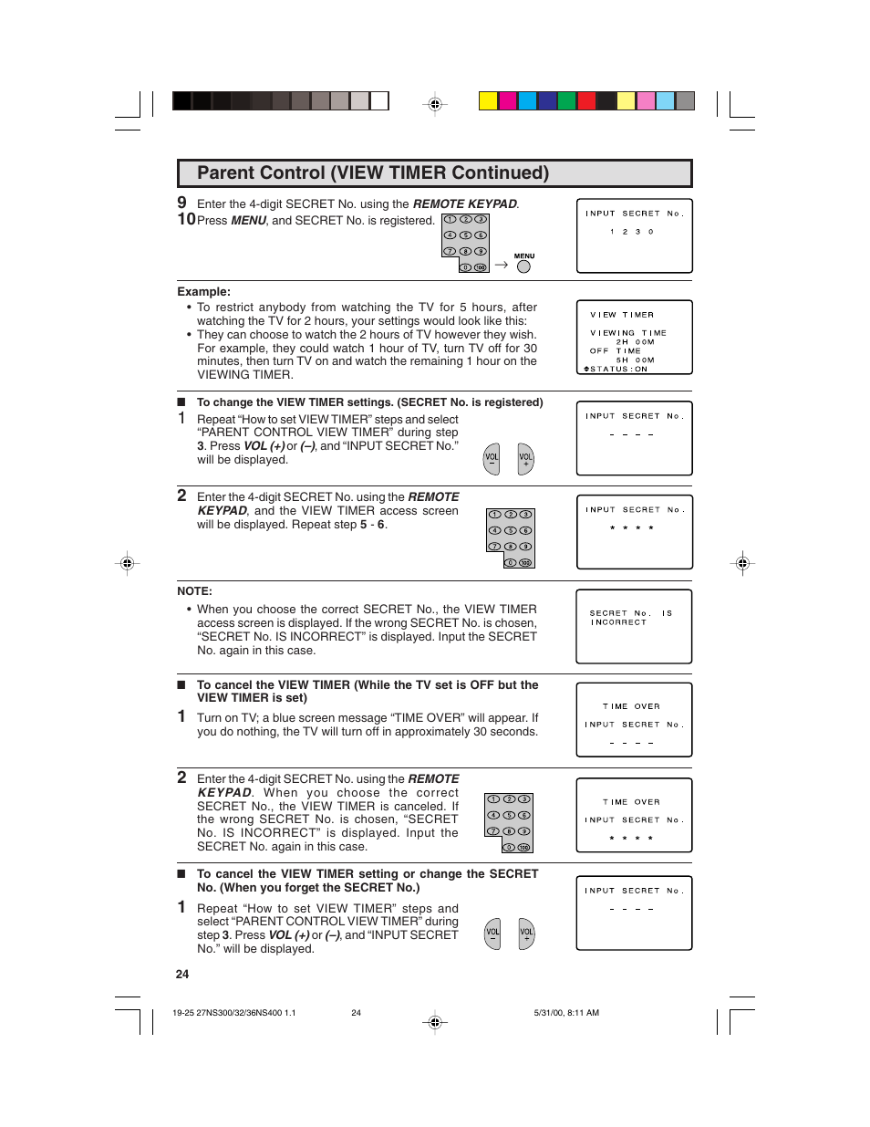 Parent control (view timer continued) | Sharp 32N S400 User Manual | Page 24 / 48