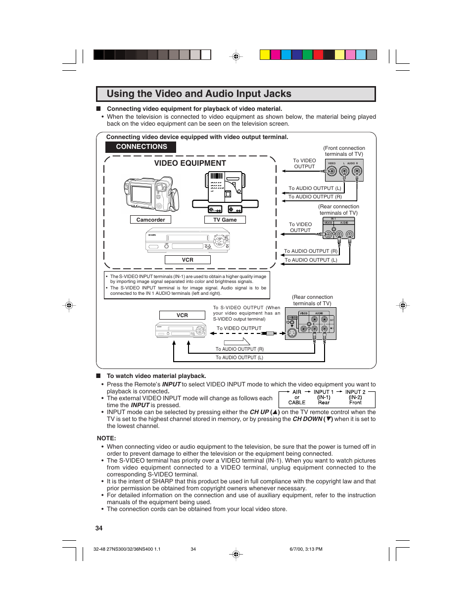 Using the video and audio input jacks, Video equipment | Sharp 32N S400 User Manual | Page 34 / 48