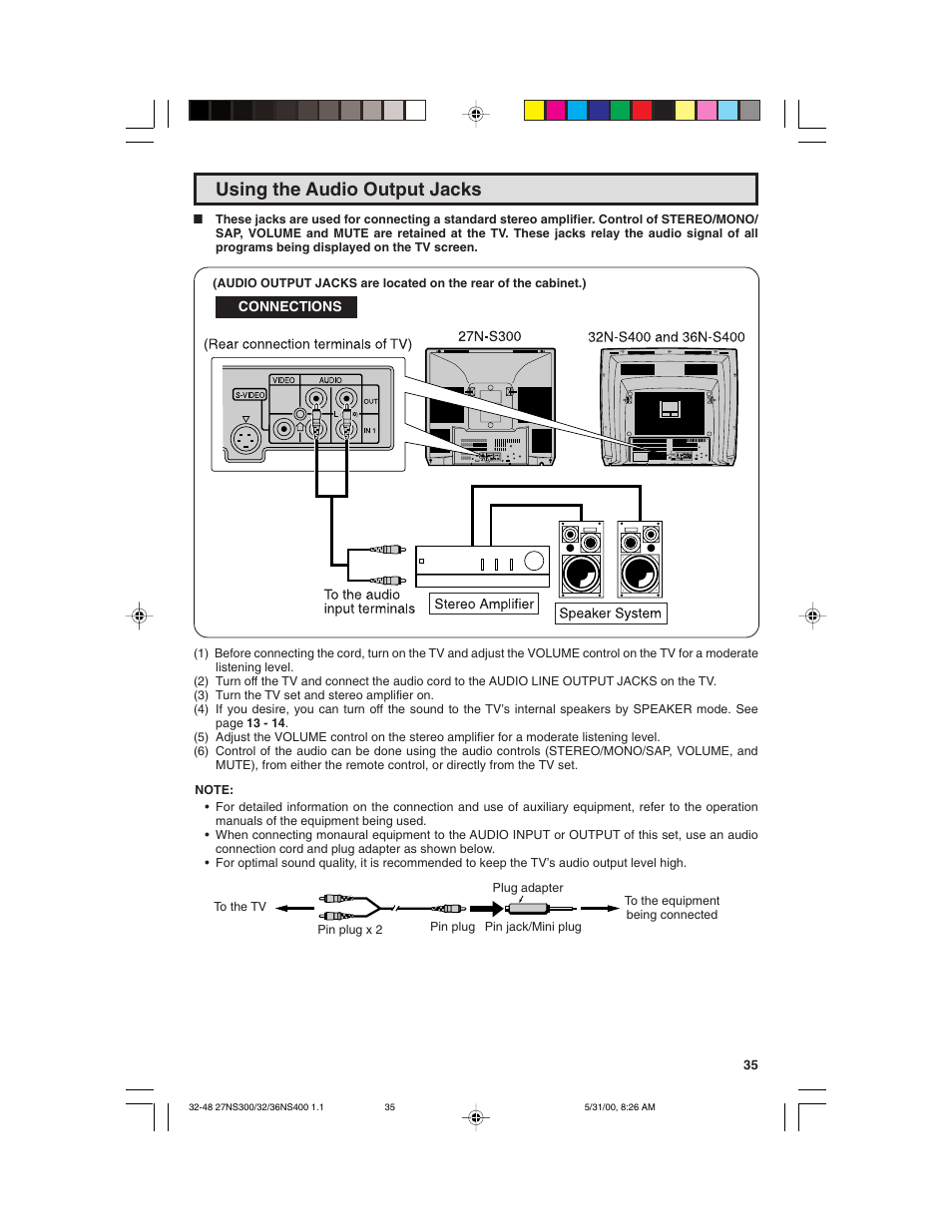 Using the audio output jacks | Sharp 32N S400 User Manual | Page 35 / 48