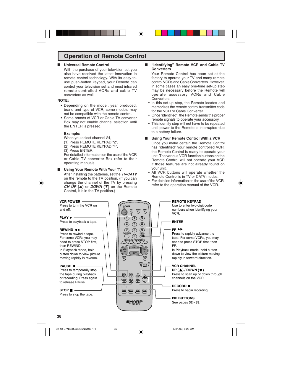 Operation of remote control | Sharp 32N S400 User Manual | Page 36 / 48