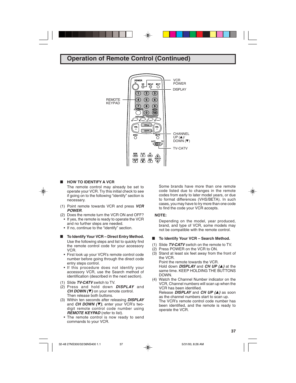 Operation of remote control (continued) | Sharp 32N S400 User Manual | Page 37 / 48
