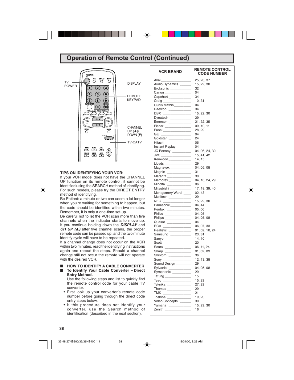 Operation of remote control (continued) | Sharp 32N S400 User Manual | Page 38 / 48