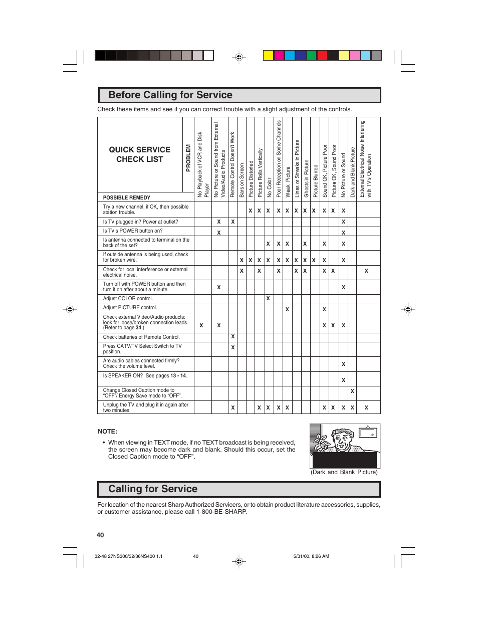 Before calling for service, Calling for service, Quick service check list | Sharp 32N S400 User Manual | Page 40 / 48