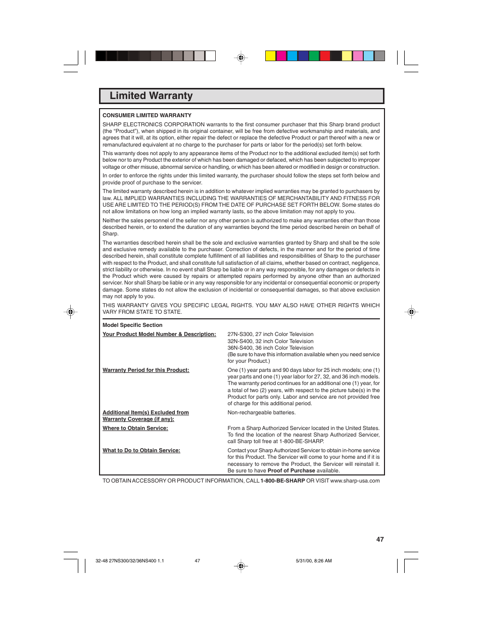 Limited warranty | Sharp 32N S400 User Manual | Page 47 / 48