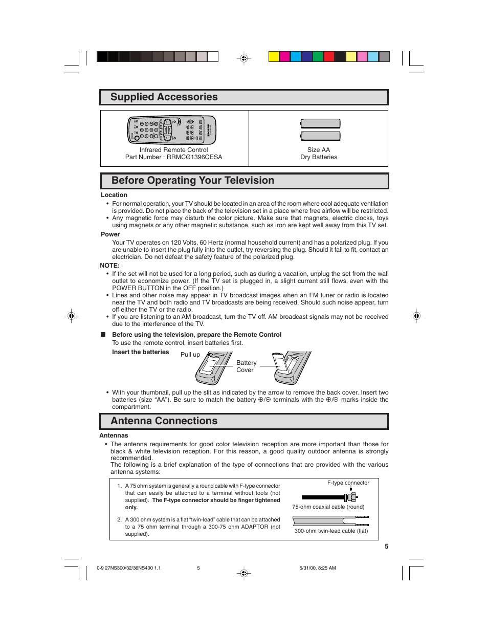 Supplied accessories, Before operating your television, Antenna connections | Sharp 32N S400 User Manual | Page 5 / 48