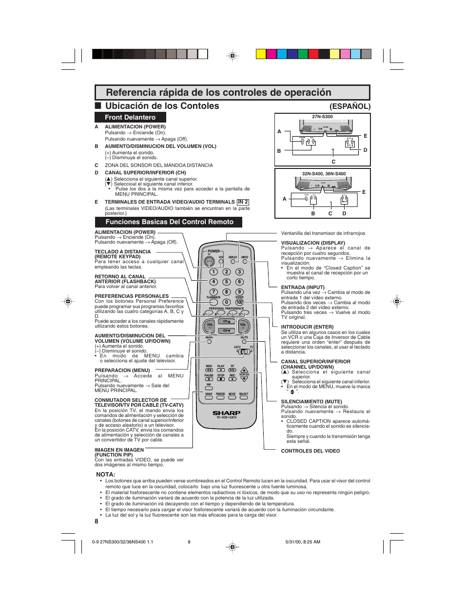 Referencia rápida de los controles de operación, Lubicación de los contoles, Español) | Front delantero, Funciones basicas del control remoto, Power ch menu — vol, Power ch — vol | Sharp 32N S400 User Manual | Page 8 / 48