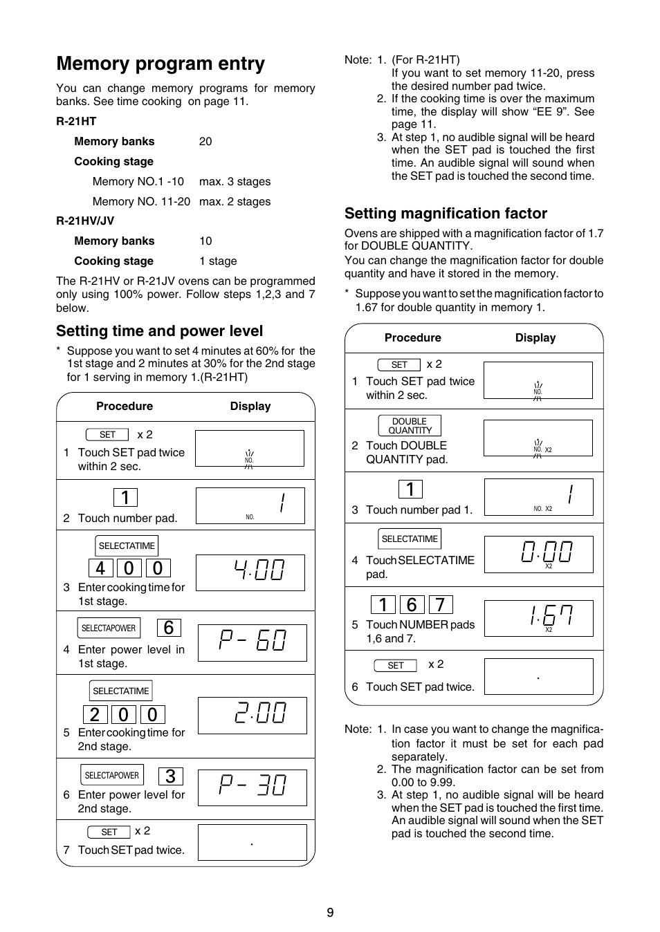 Setting time and power level, Setting magnification factor | Sharp R-21JCA User Manual | Page 10 / 24