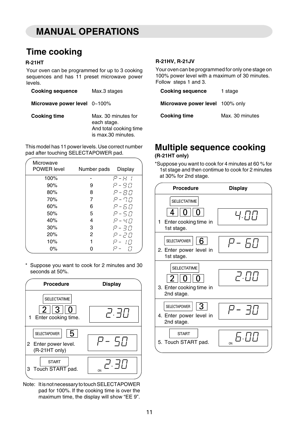 Manual operations, Time cooking, Multiple sequence cooking | Sharp R-21JCA User Manual | Page 12 / 24