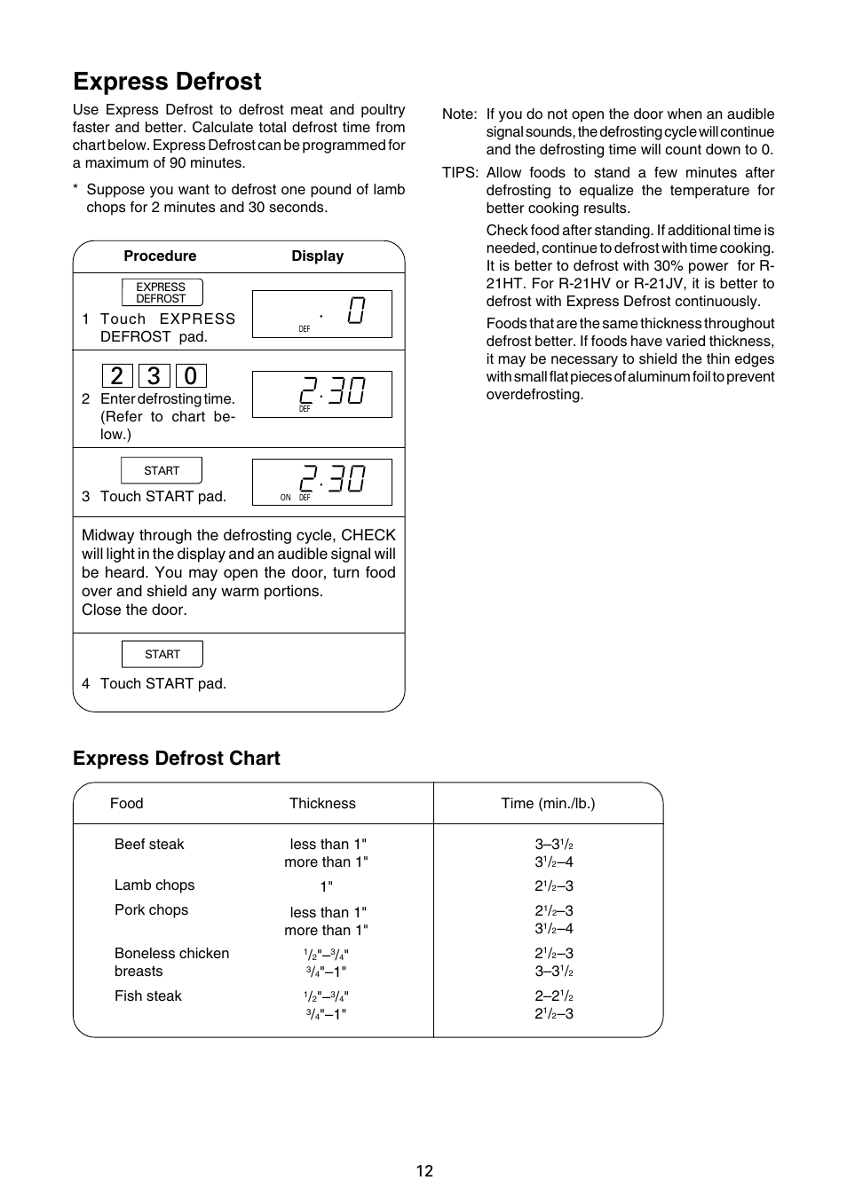 Express defrost, Express defrost chart | Sharp R-21JCA User Manual | Page 13 / 24