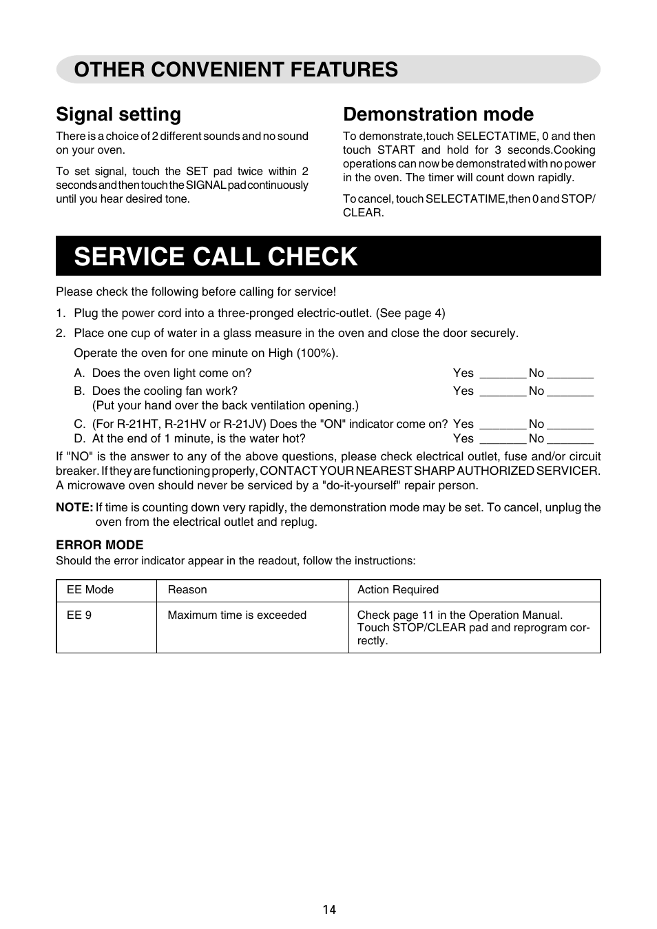 Service call check, Other convenient features, Demonstration mode | Signal setting | Sharp R-21JCA User Manual | Page 15 / 24