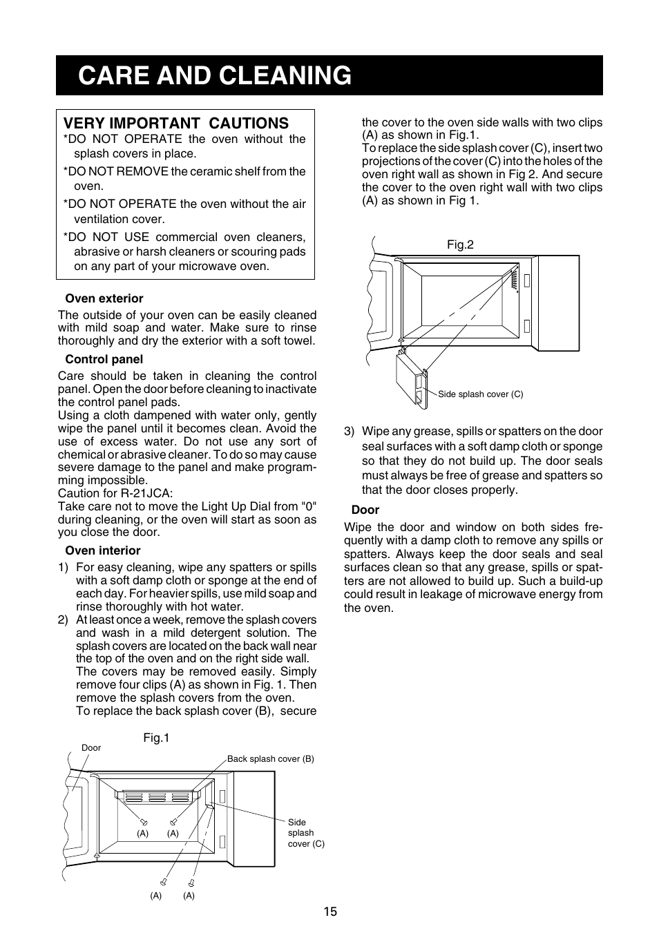 Care and cleaning, Very important cautions | Sharp R-21JCA User Manual | Page 16 / 24