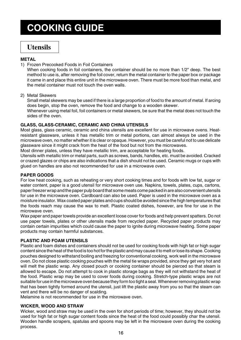 Cooking guide, Utensils | Sharp R-21JCA User Manual | Page 17 / 24