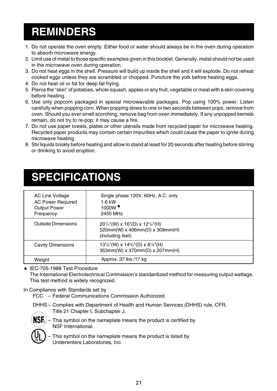 Reminders specifications | Sharp R-21JCA User Manual | Page 22 / 24