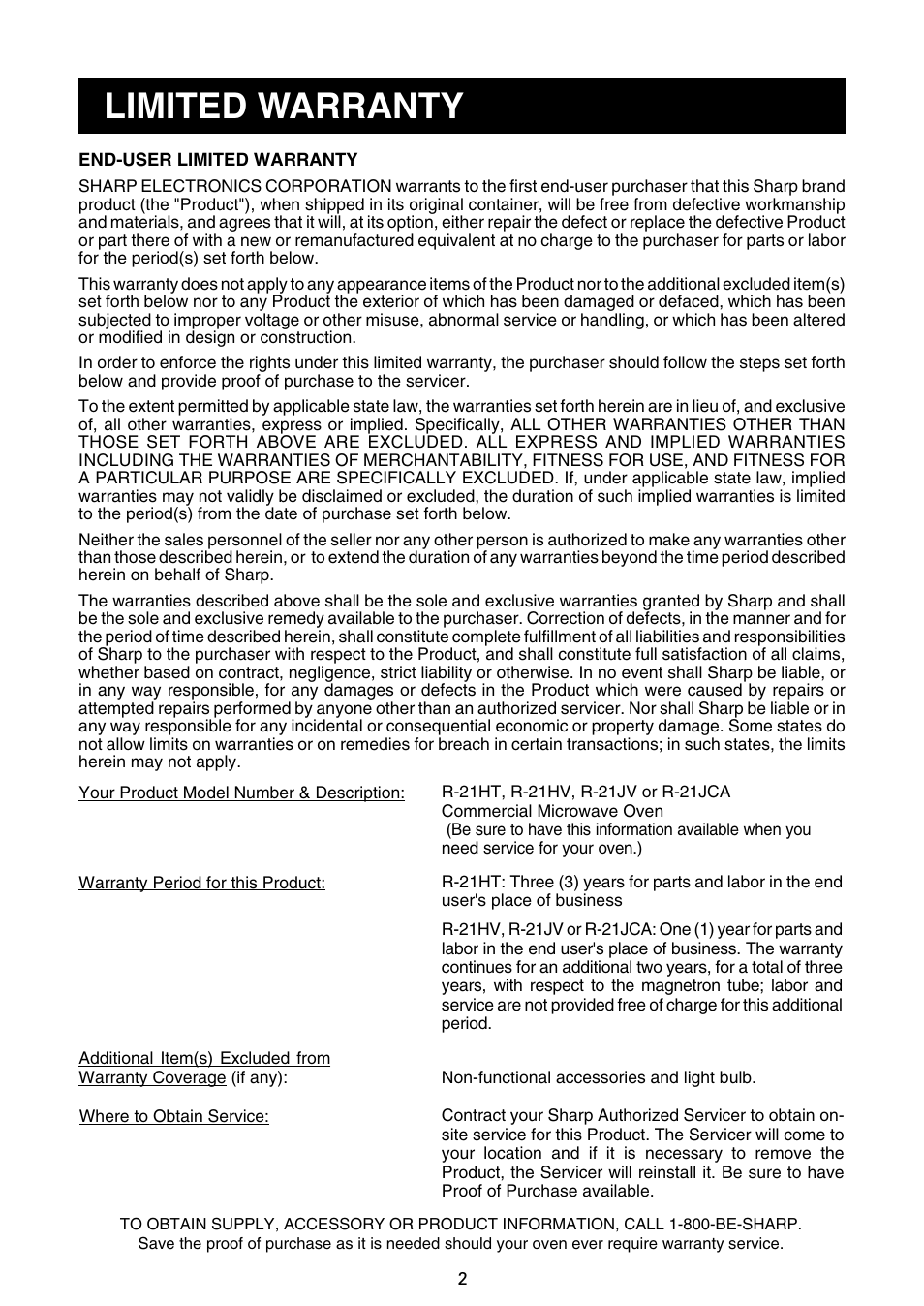 Limited warranty | Sharp R-21JCA User Manual | Page 3 / 24
