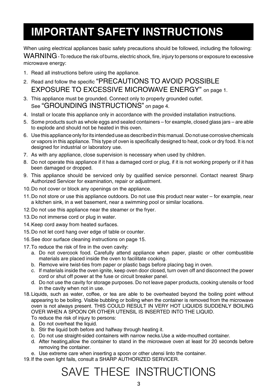 Save these instructions, Important safety instructions, Warning | Grounding instructions | Sharp R-21JCA User Manual | Page 4 / 24